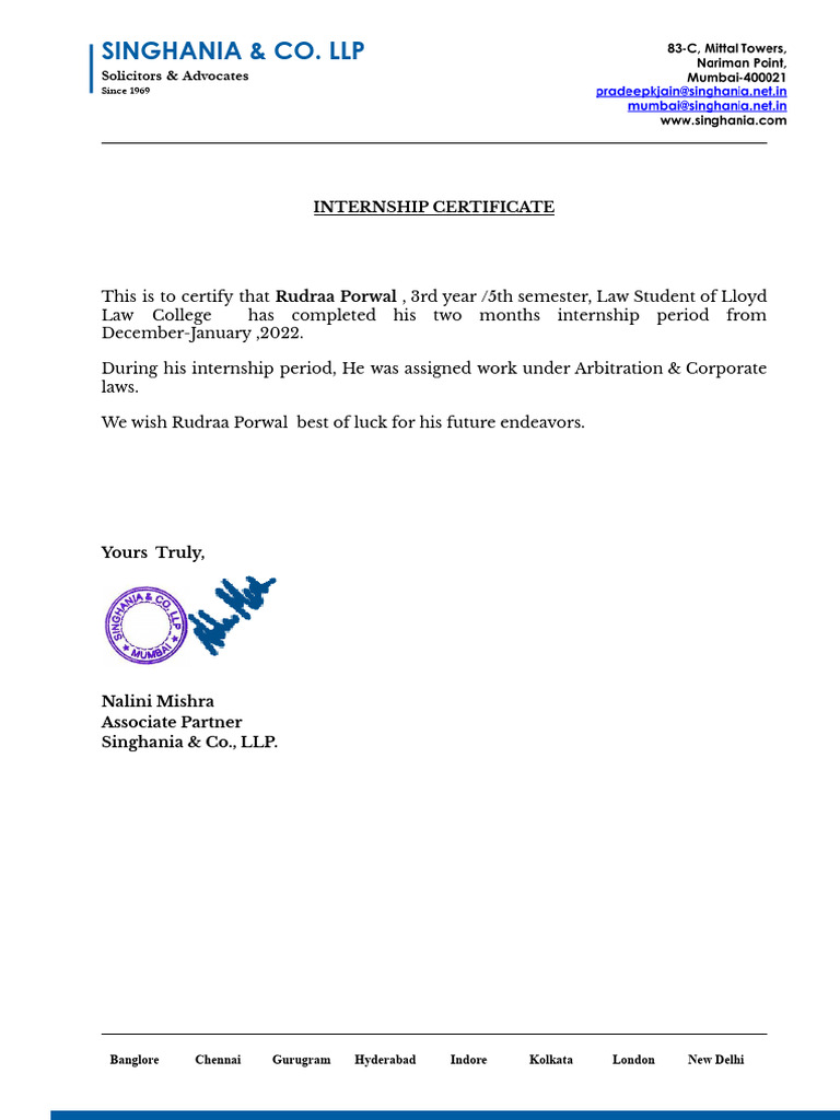 Internship Certificate for Law Student | PDF