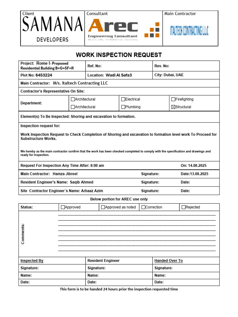 Work Inspection Request for Shoring & Excavation | PDF