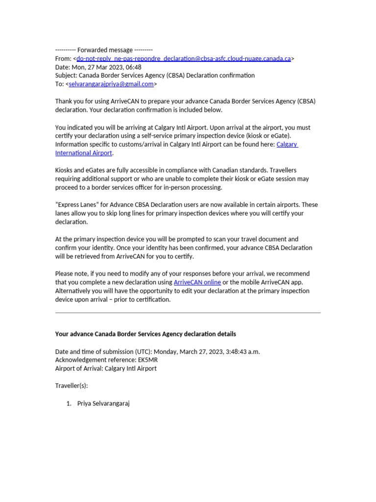 Canada CBSA Declaration Confirmation | PDF