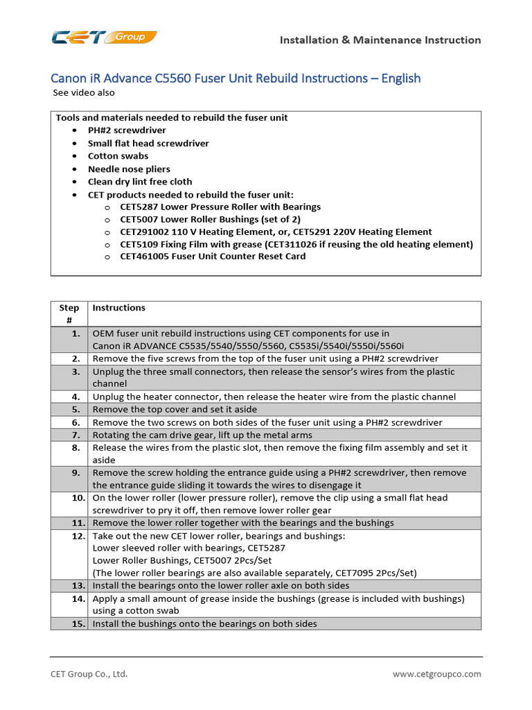 Canon iR Fuser Unit Rebuild Guide | PDF | Bearing (Mechanical ...
