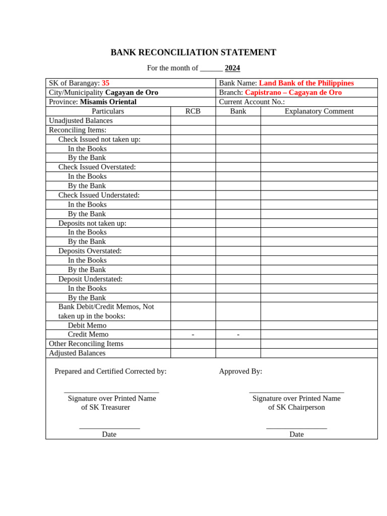 Bank Reconciliation for SK Barangay 2024 | PDF