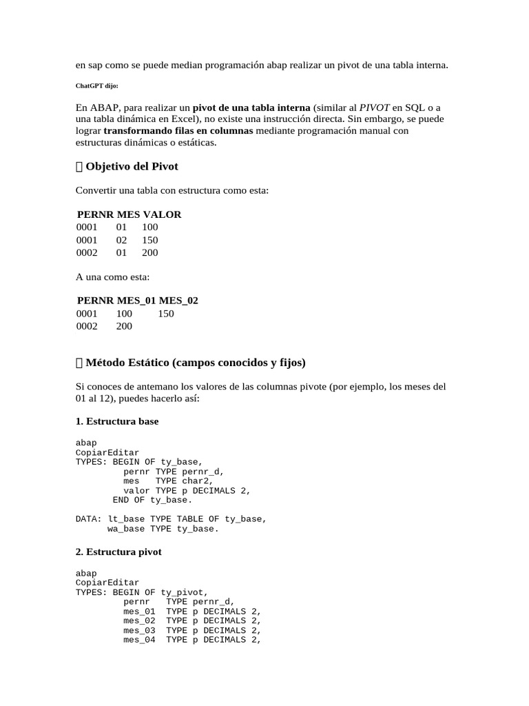Pivot y Unpivot en ABAP: Guía Práctica | PDF | Software | Desarrollo de ...