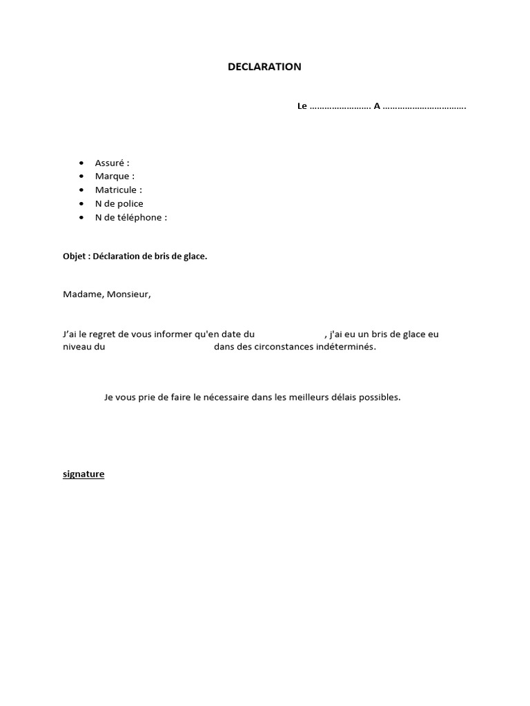 Déclaration de bris de glace | PDF