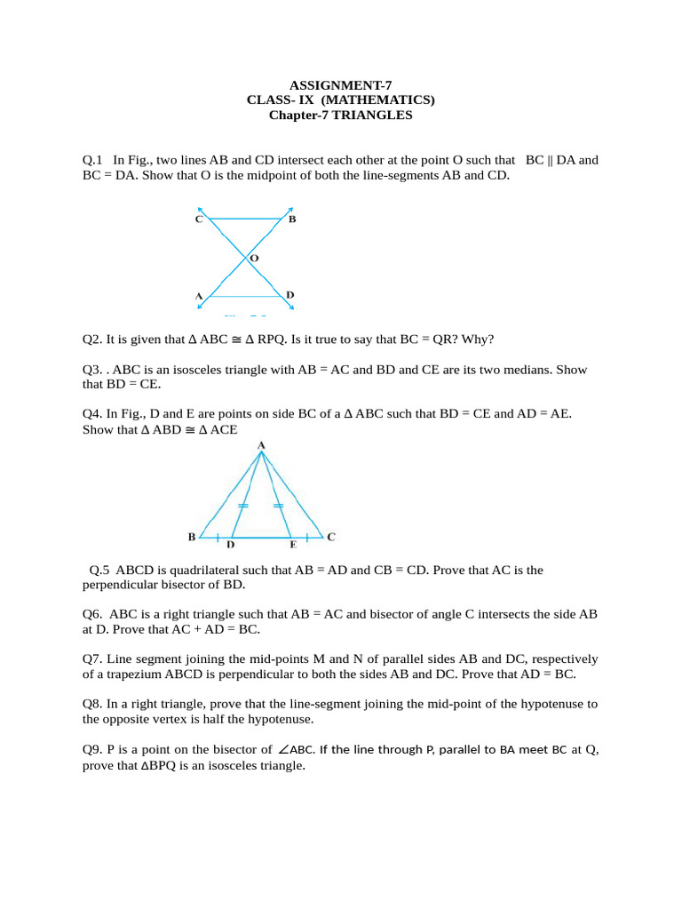 Class IX Mathematics: Triangles Assignment | PDF
