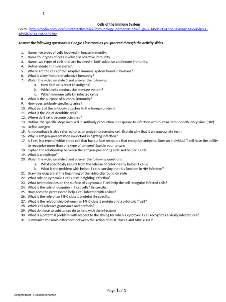 Immune System Cells Worksheet | PDF | Immune System | Adaptive Immune ...