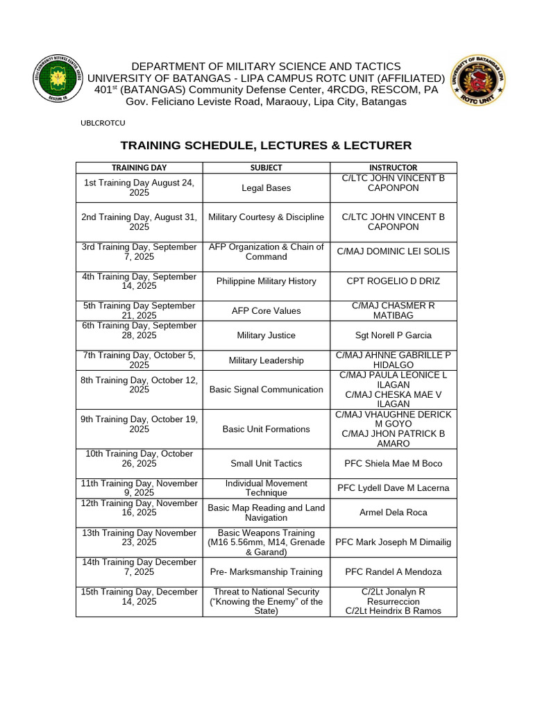 ROTC Training Schedule 2025 | PDF | Battles | Military