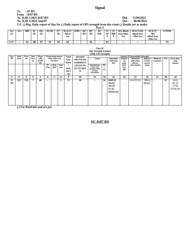 Daily Ops STR-D-87 BN-11-09-25 | PDF