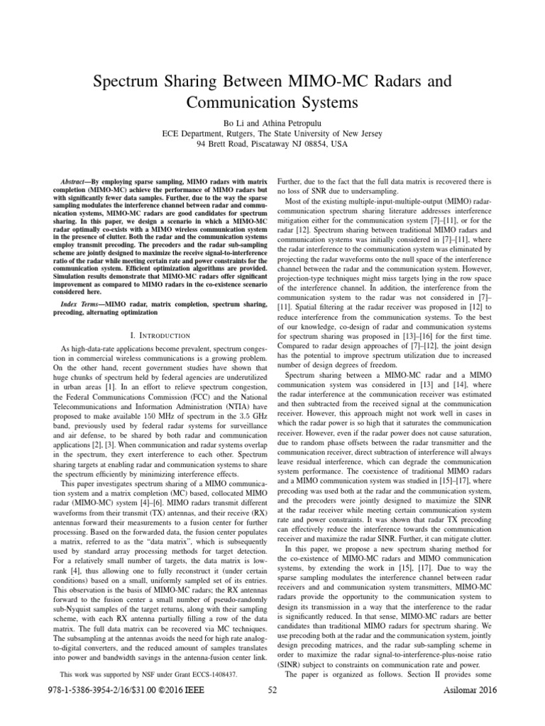 Spectrum Sharing Between MIMO MC Radars and Communication Systems | PDF ...