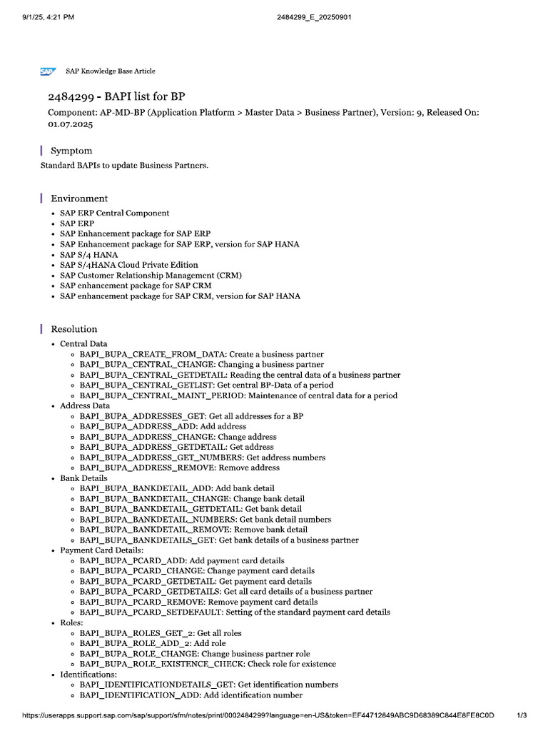 SAP Note 2484299 - BAPI List For BP | PDF