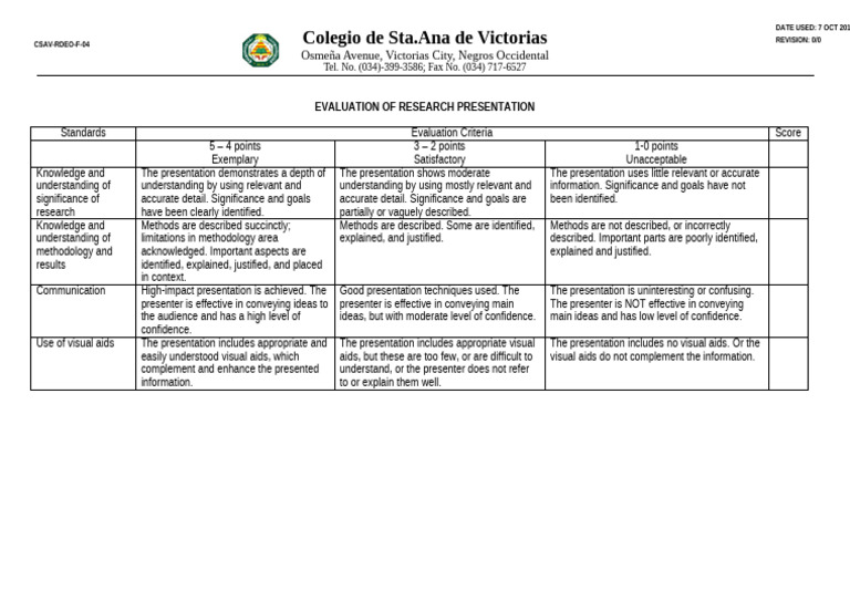 Research Presentation Evaluation Criteria | PDF | Methodology ...