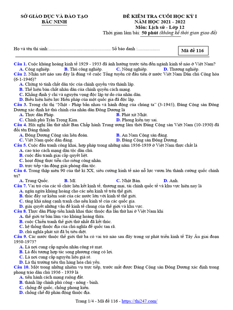 De Thi Cuoi Hoc Ky 1 Lich Su 12 Nam Hoc 2021 2022 So GDDT Bac Ninh | PDF