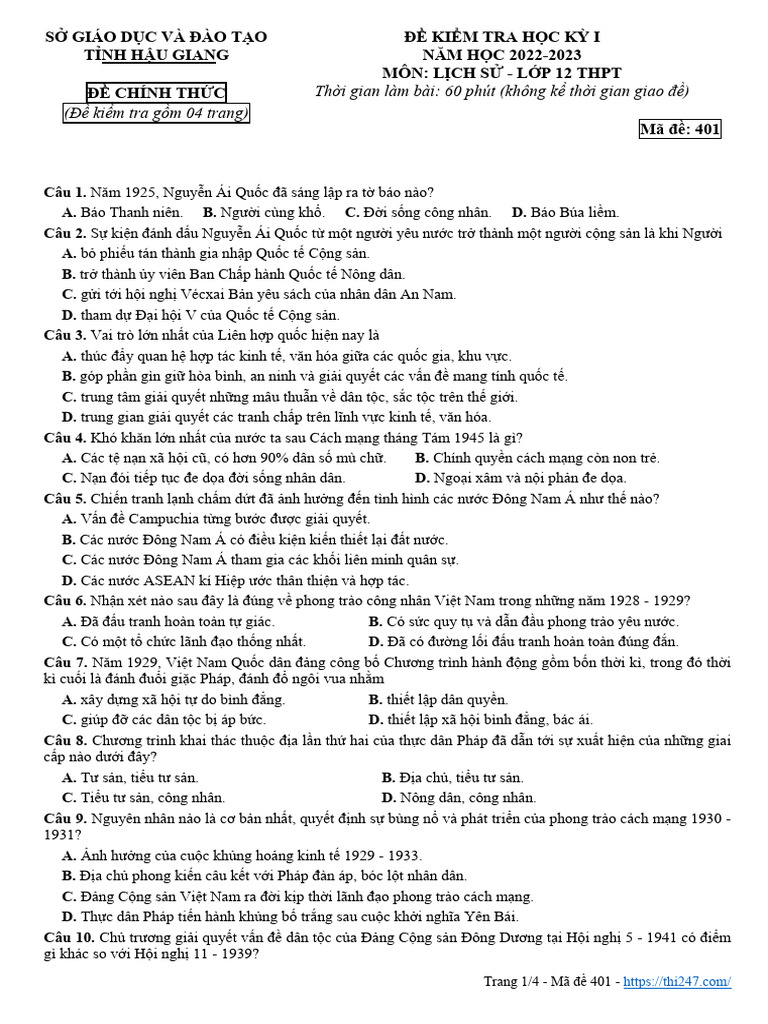 De Kiem Tra Hoc Ky 1 Lich Su 12 Nam 2022 2023 So GDDT Hau Giang | PDF