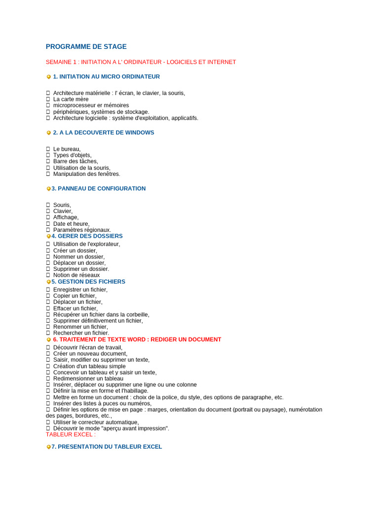 Programme de Stage : Bureautique et Internet | PDF | Téléphone ...