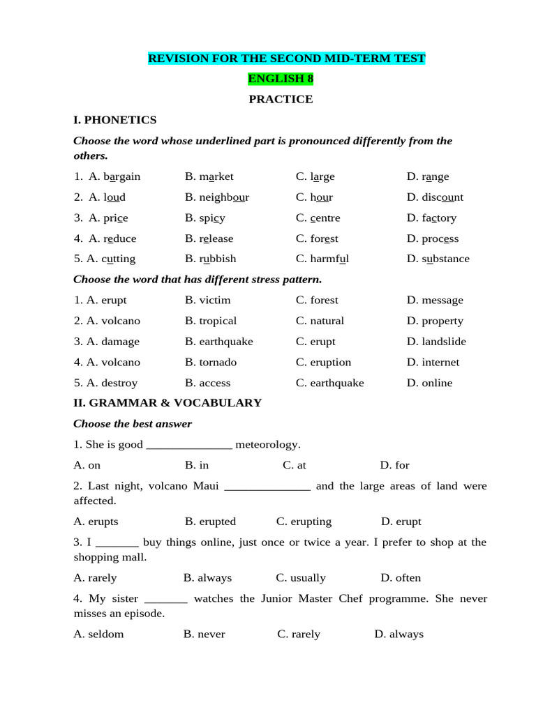 English 8 Mid-Term Test Revision Guide | PDF | Tropical Cyclones | Storms