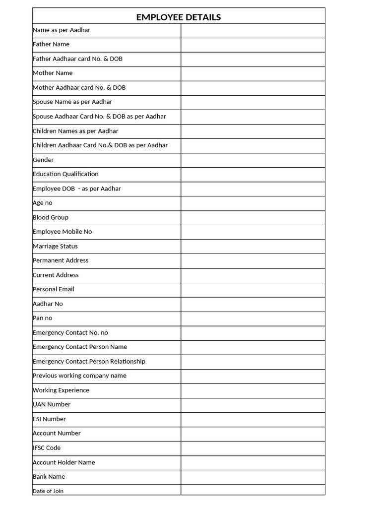 Empolyee Details Format | PDF
