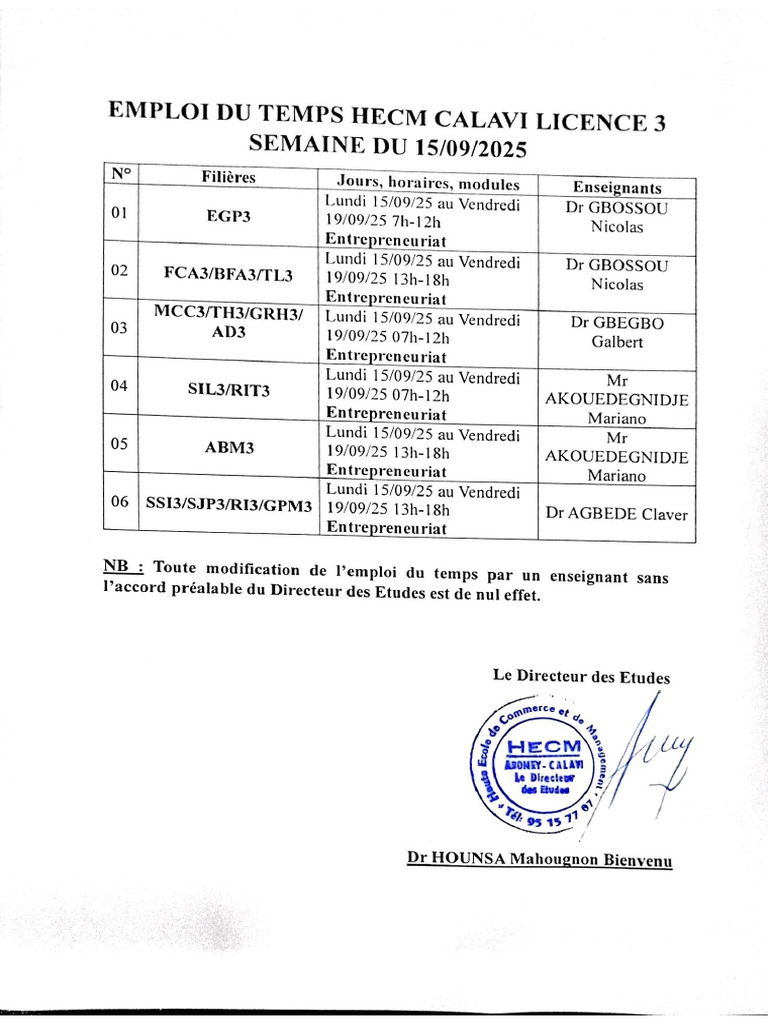 Emploi Du Temps Licence 3 HECM Calavi Semaine Du 15 Mai 2025 | PDF