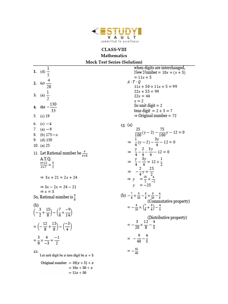 Class VIII Math Mock Test Solutions | PDF | Chess Theory | Chess