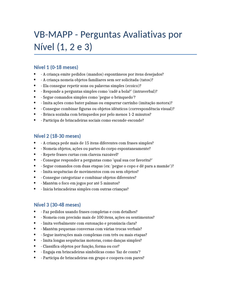 Avaliação VB-MAPP por Níveis de Desenvolvimento | PDF