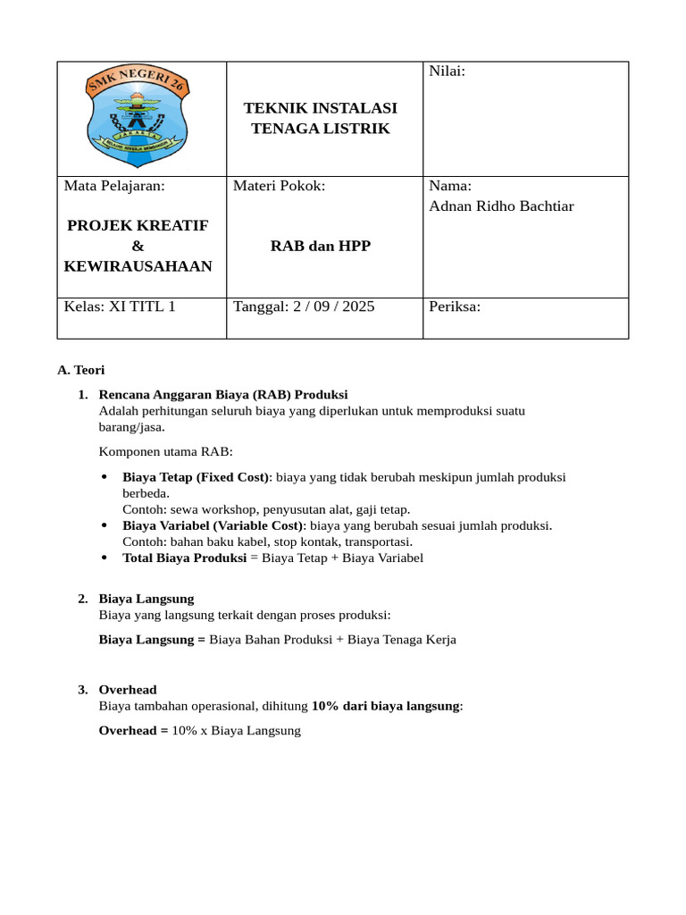 RAB dan HPP dalam Instalasi Listrik | PDF