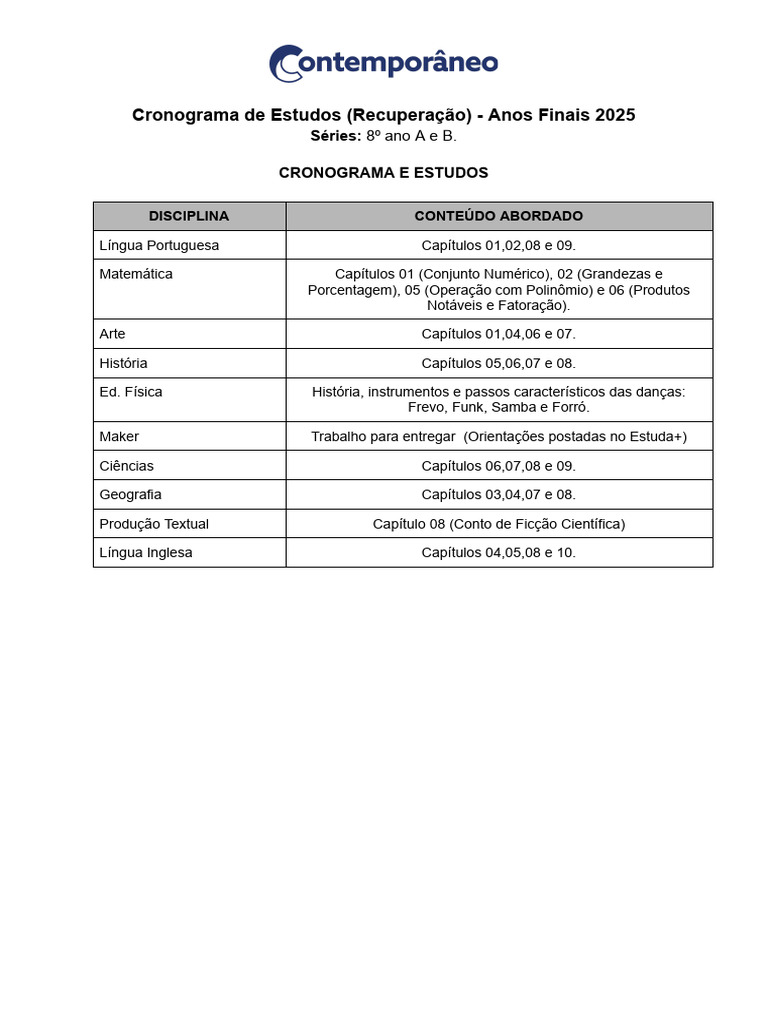 Cronograma de Estudos 8º Ano 2025 | PDF