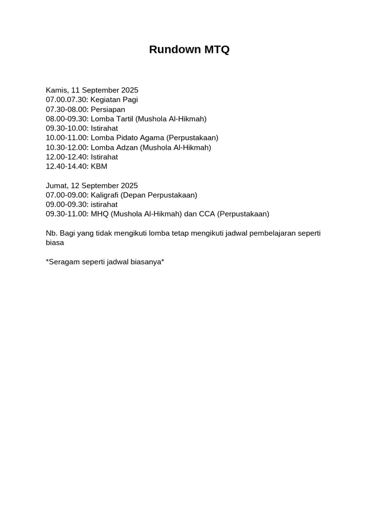 Rundown MTQ (Baru) | PDF