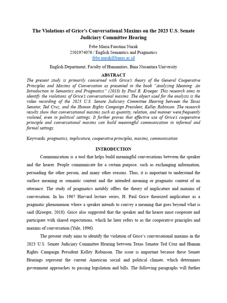 The Violations of Grice's Conversational Maxims On The 2023 U.S. Senate ...