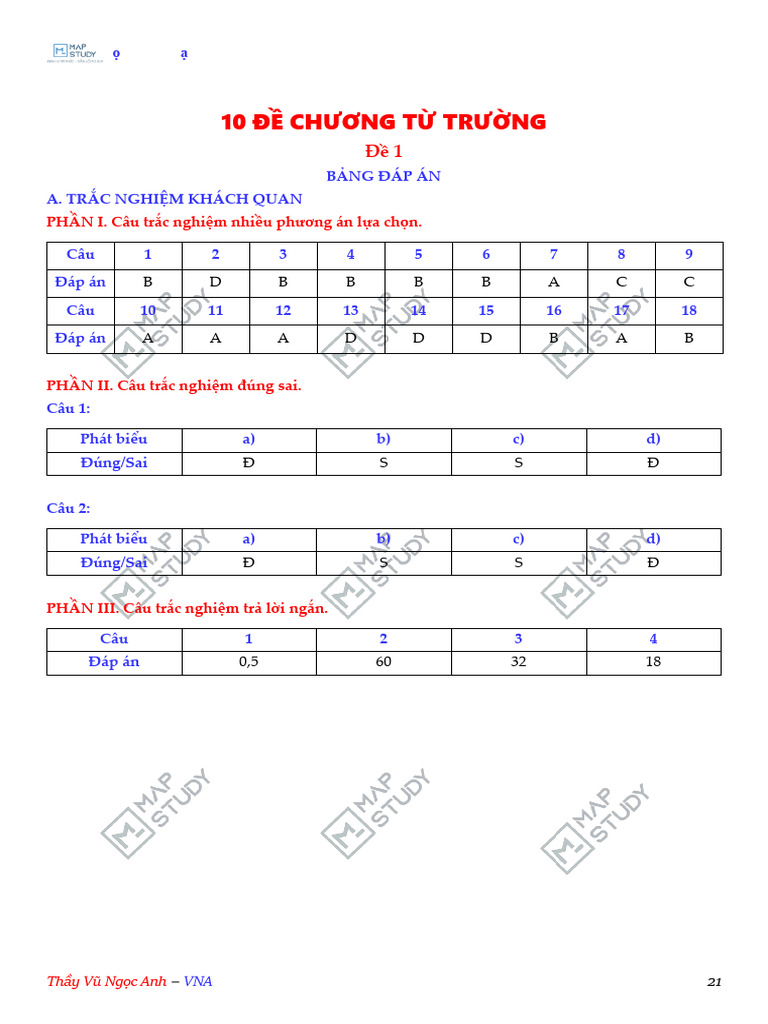 Bang Dap An 10 de Ly Thuyet Tu Truong 1747750431899 | PDF