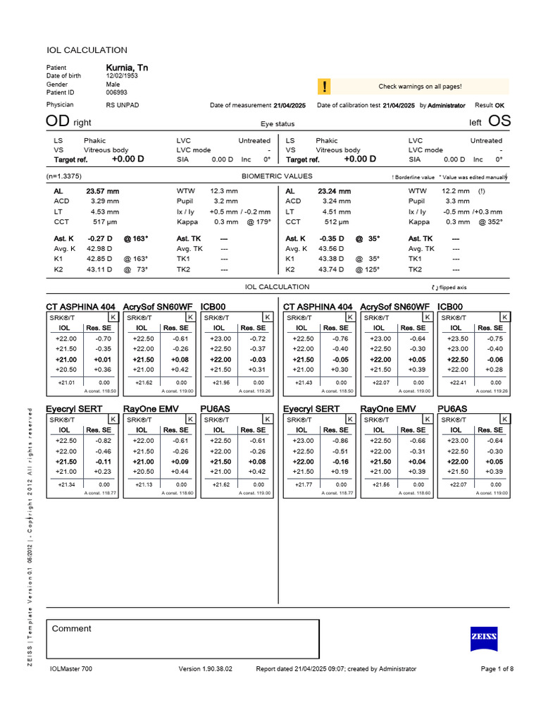 IOL Calculation Report for Patient | PDF | Lenses | Optometry