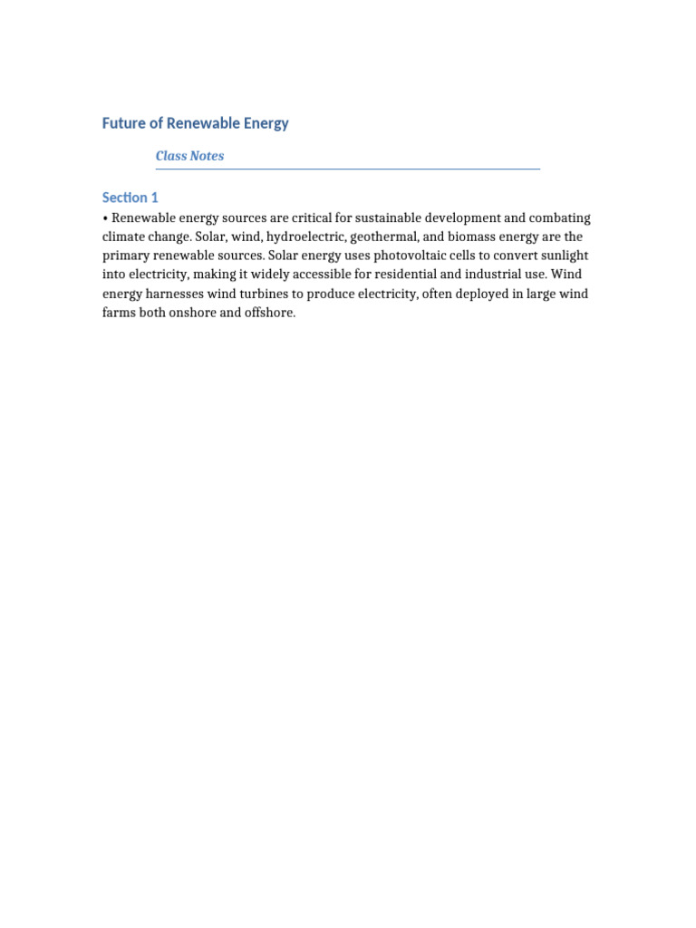 Detailed Class Notes 1 Future of Renewable Energy | PDF