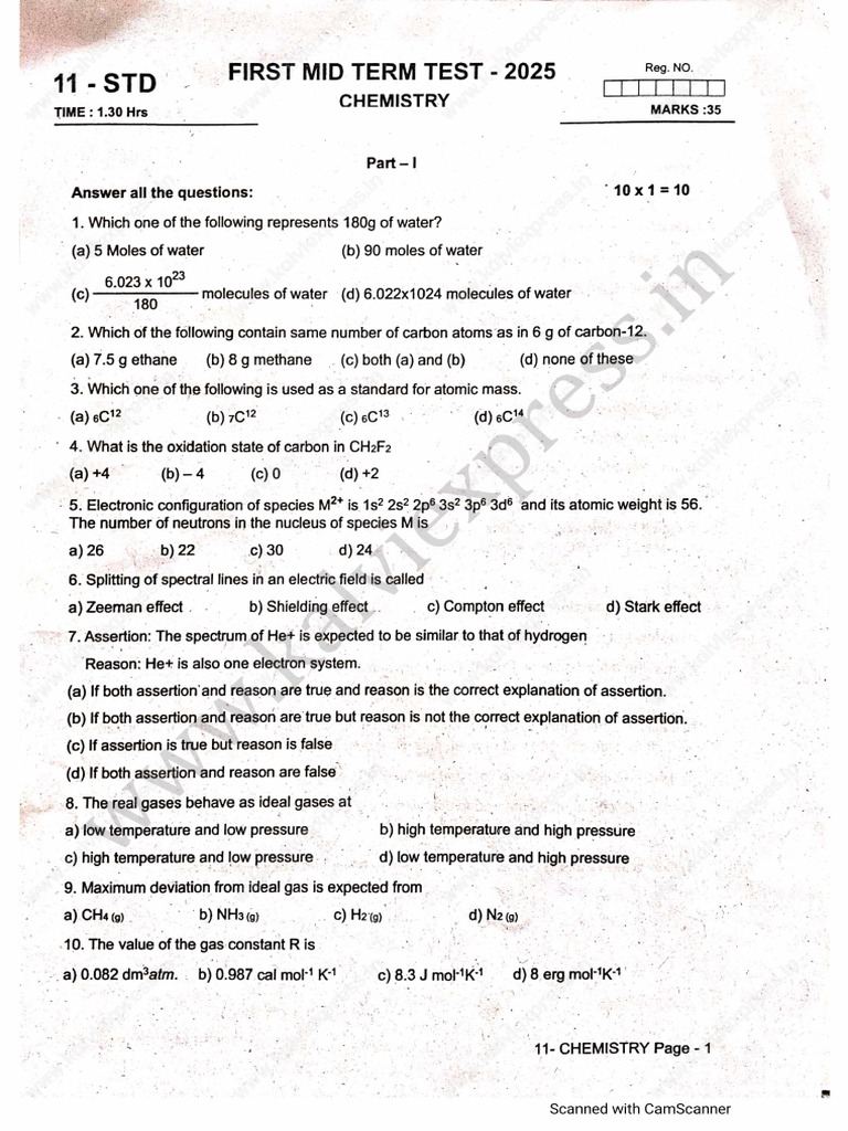 11th Chemistry Mid Term Paper 2025 | PDF