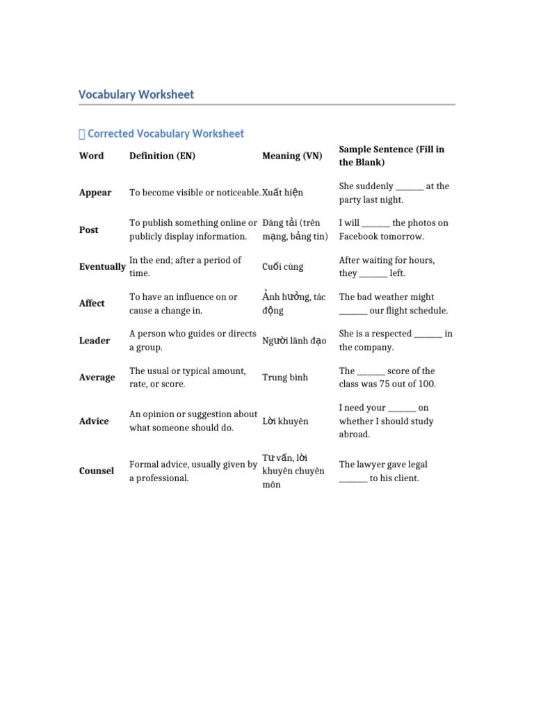 Vocabulary Worksheet with Definitions | PDF