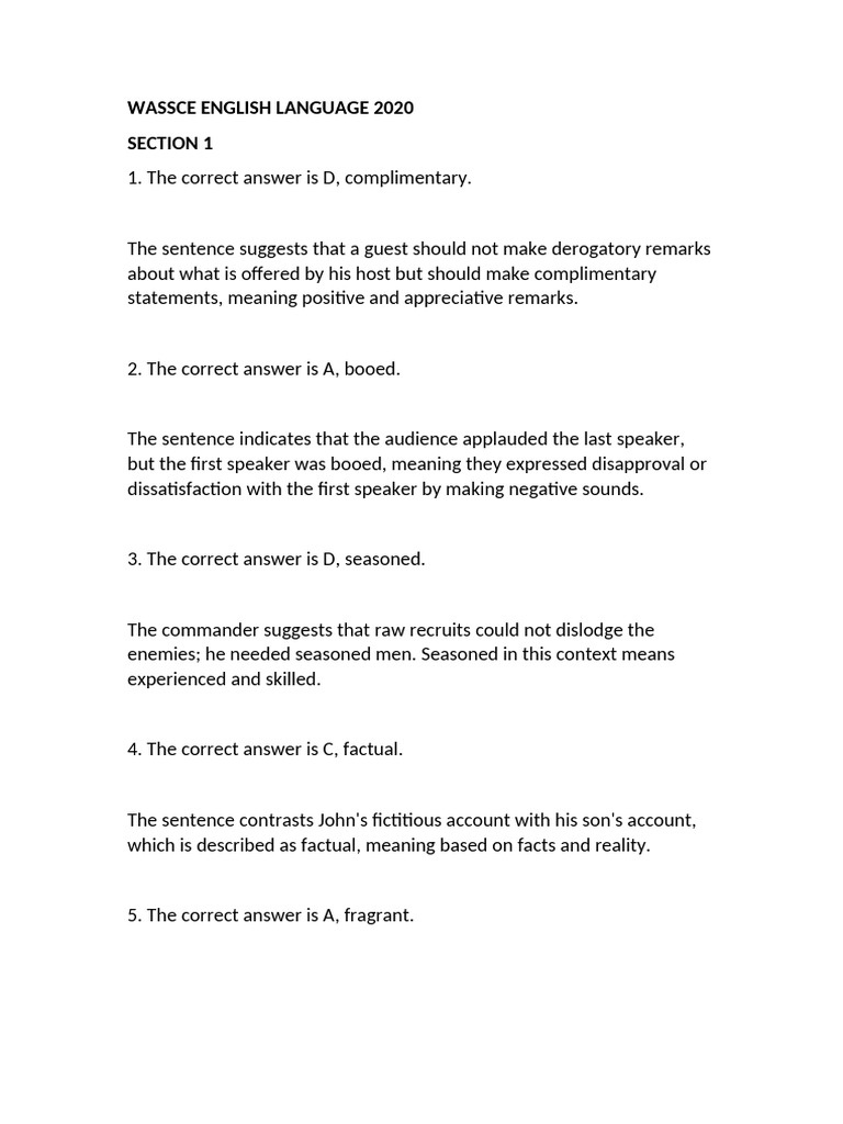 WASSCE English Language 2020 Answers | PDF | Linguistics | Syntax