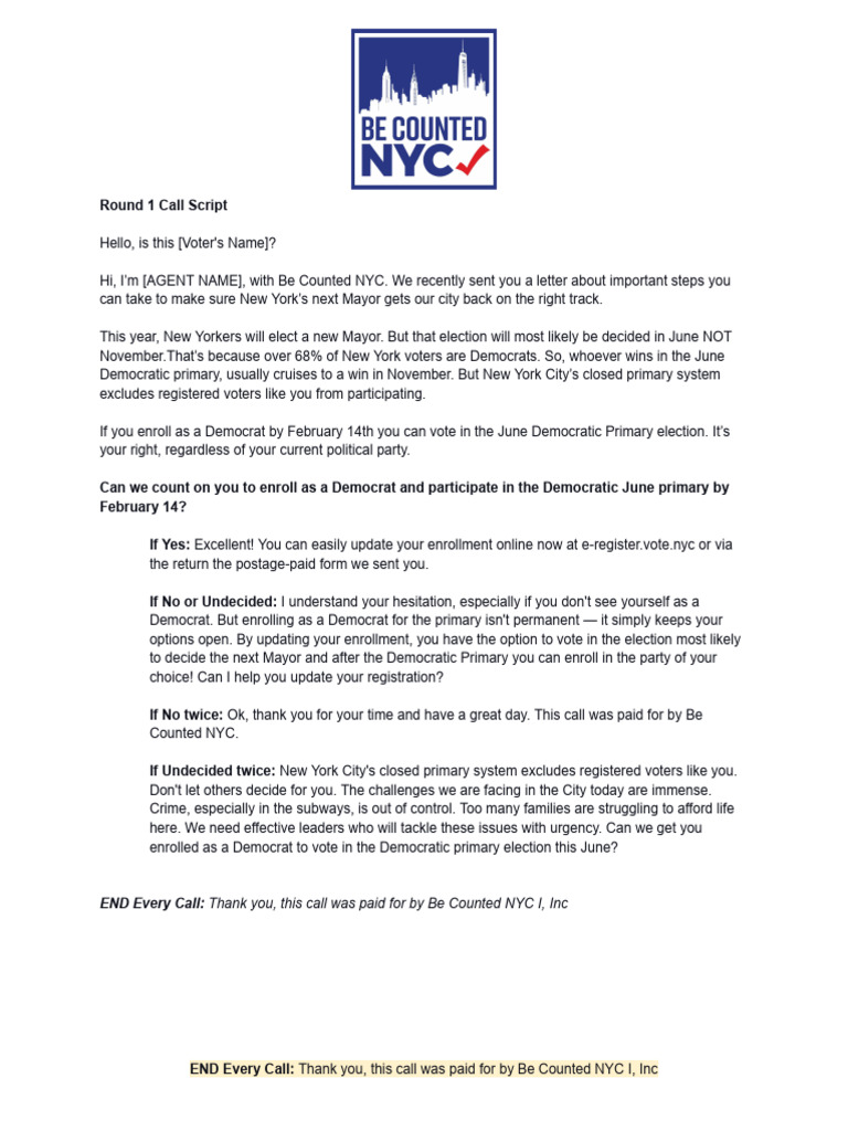 NYC Voter Enrollment Call Script | PDF