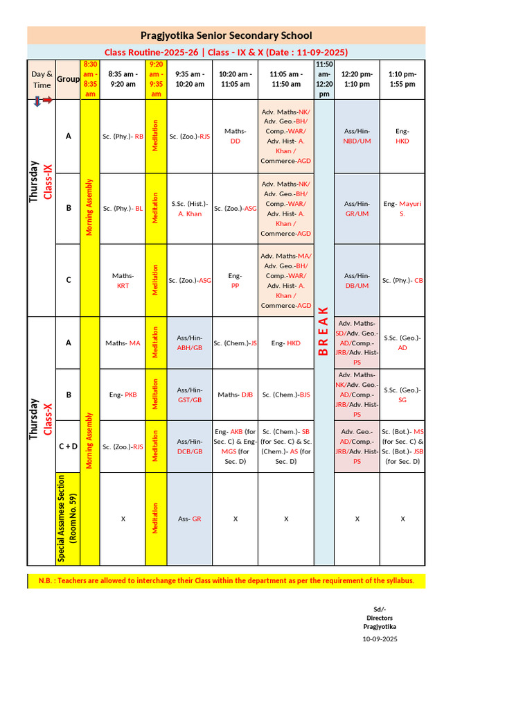 Routine (Ix & X) Thursday 11-09-25 | PDF