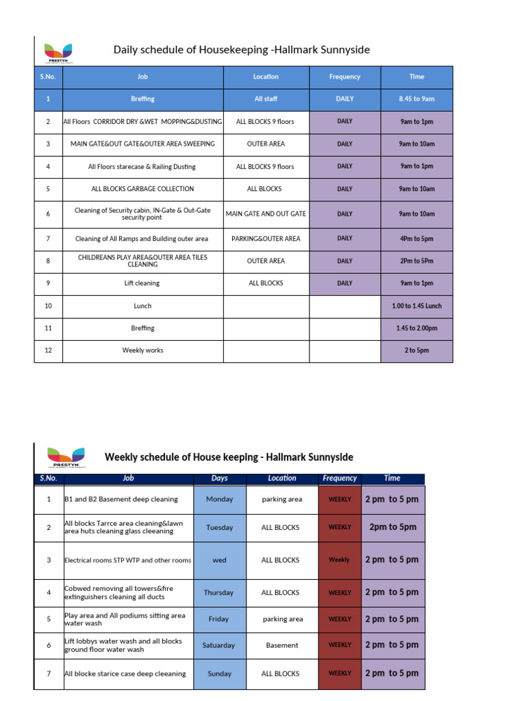 Housekeeping Daily & Weekly Schedule | PDF | Housekeeping | Cleaning