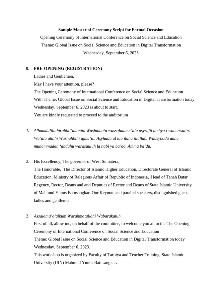 Master of Ceremony Script for ICCOESSE 2023 | PDF