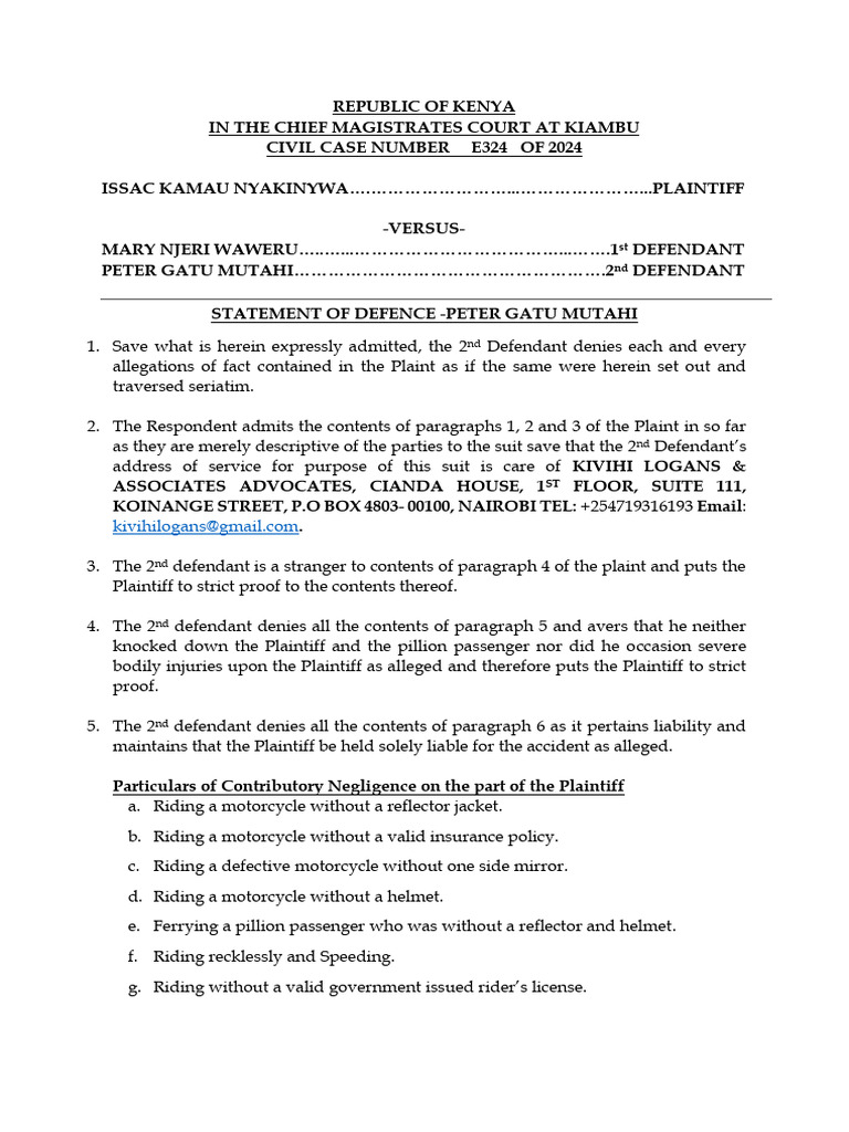 Kiambu Civil Case E324/2024 Defence Statement | PDF | Common Law ...