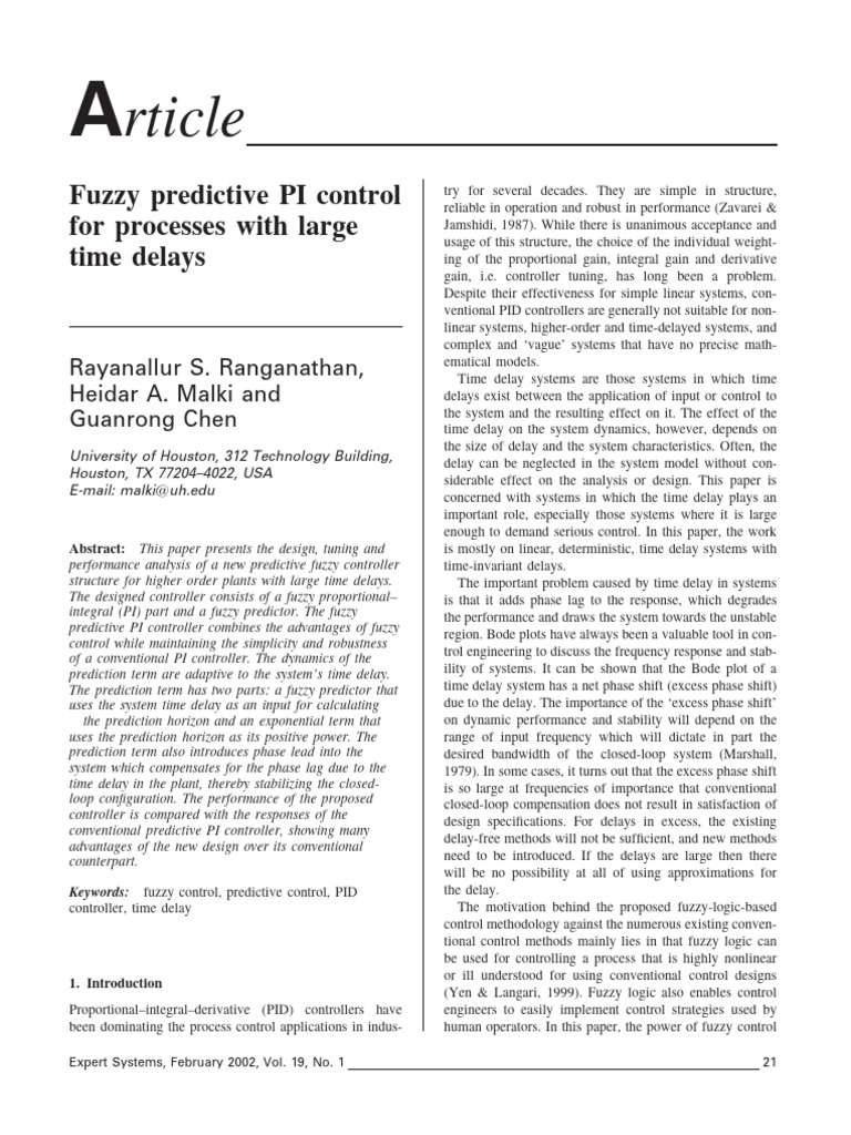 Fuzzy Predictive PI Control For Processes With Large Time Delays | PDF ...