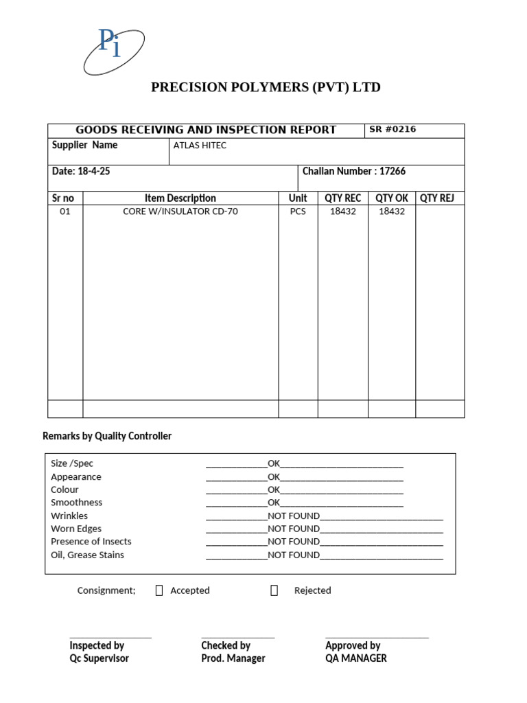 Goods Receiving Inspection Report | PDF