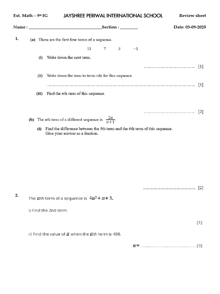 Grade 9th - Ext. Math Review Sheet 03-09-2025 (Final) | PDF