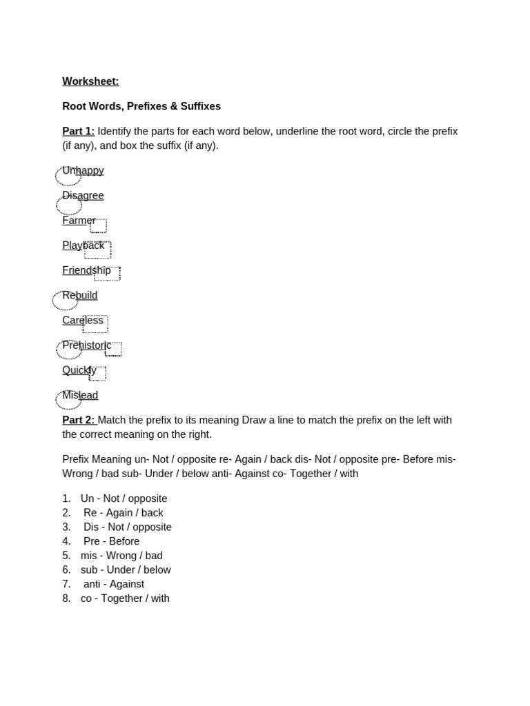 Root Words, Prefixes & Suffixes Worksheet | PDF