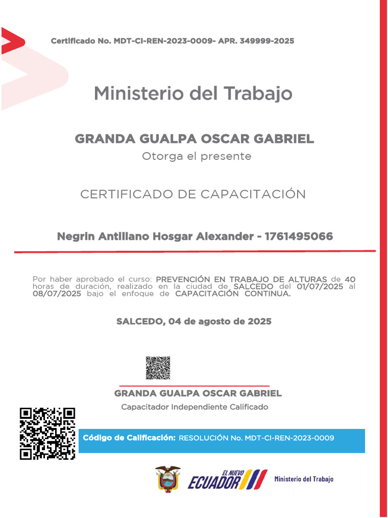 Certificado de Capacitación en Alturas | PDF