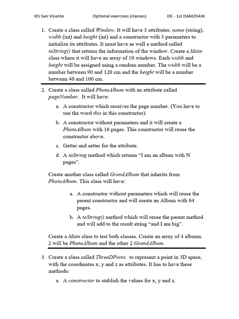 Java Class Exercises for DAM/DAW Students | PDF | Constructor (Object ...