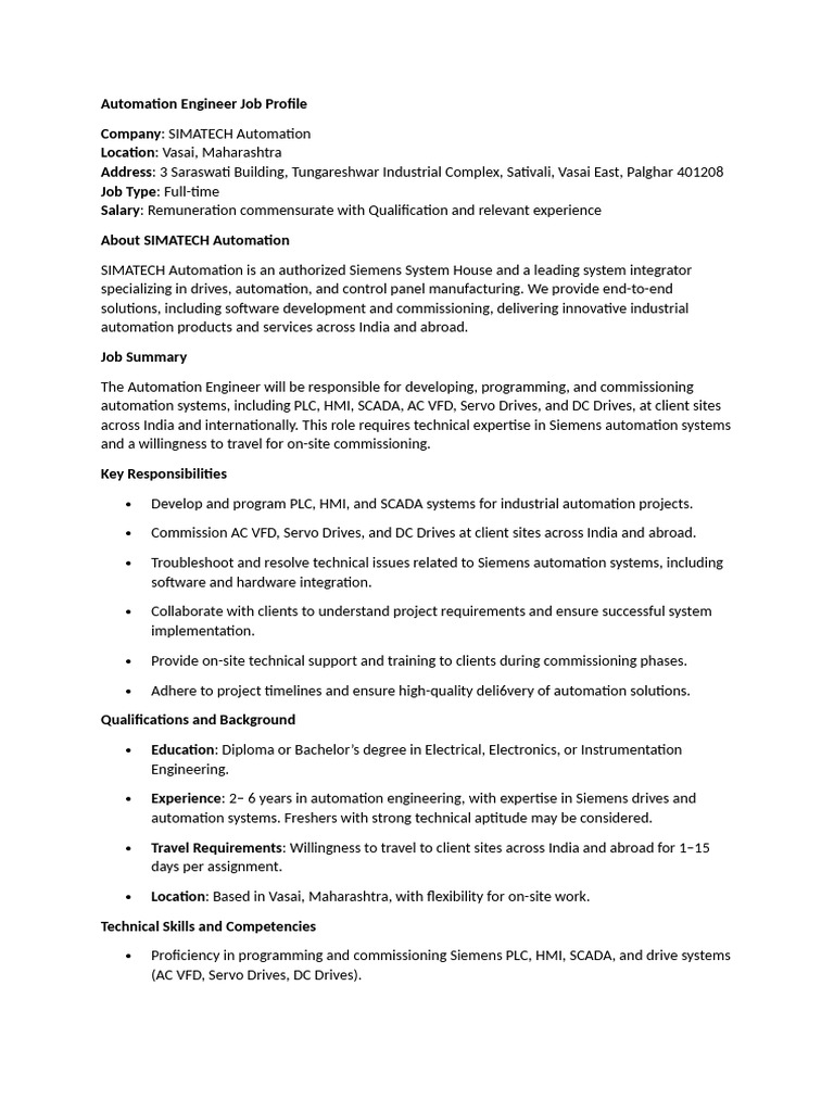 Automation Engineer Position at SIMATECH | PDF | Automation | Engineering