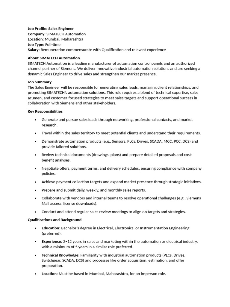 Sales Engineer Job at SIMATECH Mumbai | PDF | Automation | Sales