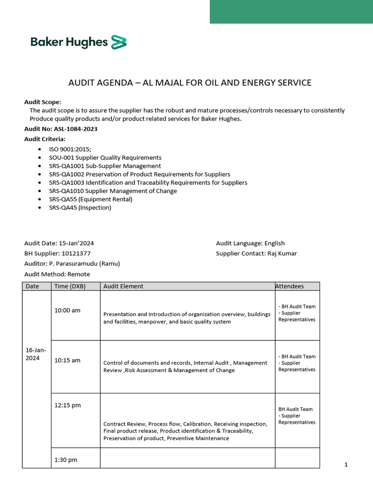 Audit Agenda for Al Majal Supplier Quality | PDF | Audit | Quality ...