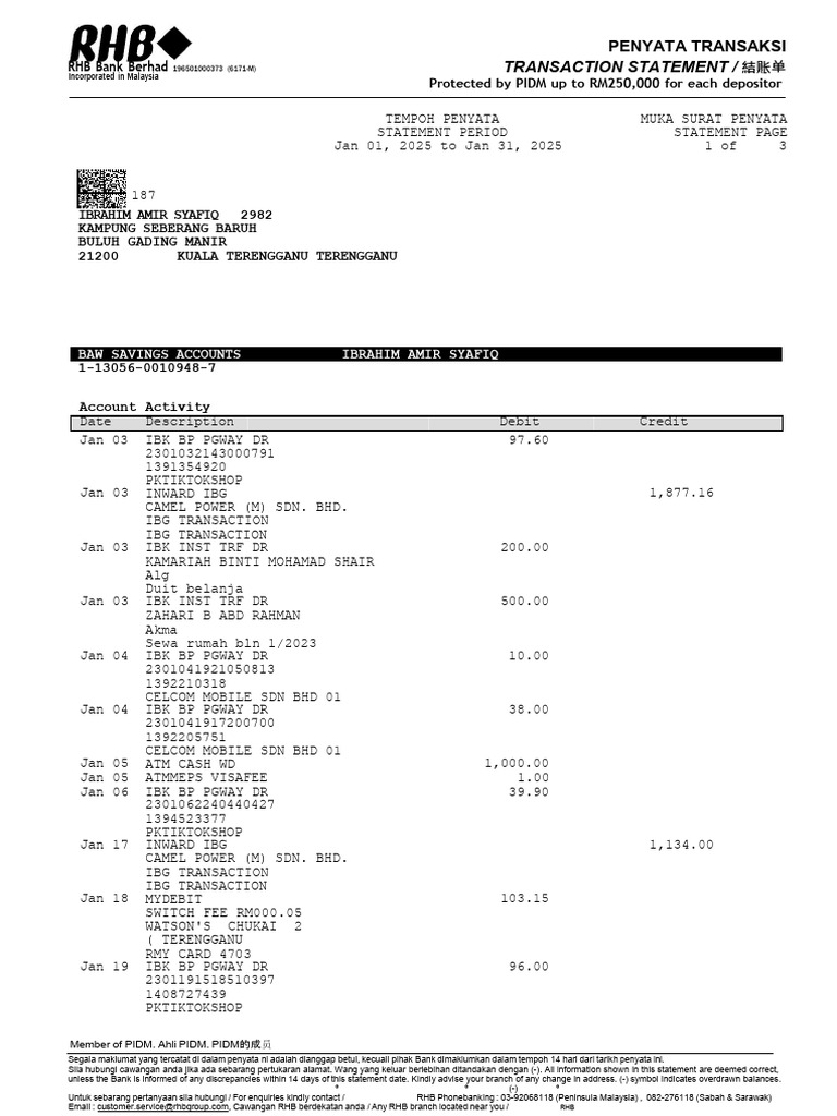 RHB Bank Transaction Statement January 2025 | PDF | Corporations ...