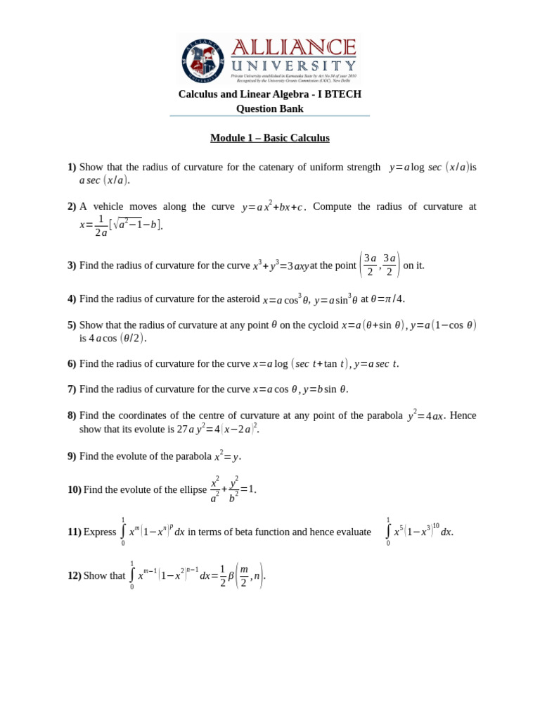 Calculus and Linear Algebra Question Bank | PDF | Eigenvalues And ...
