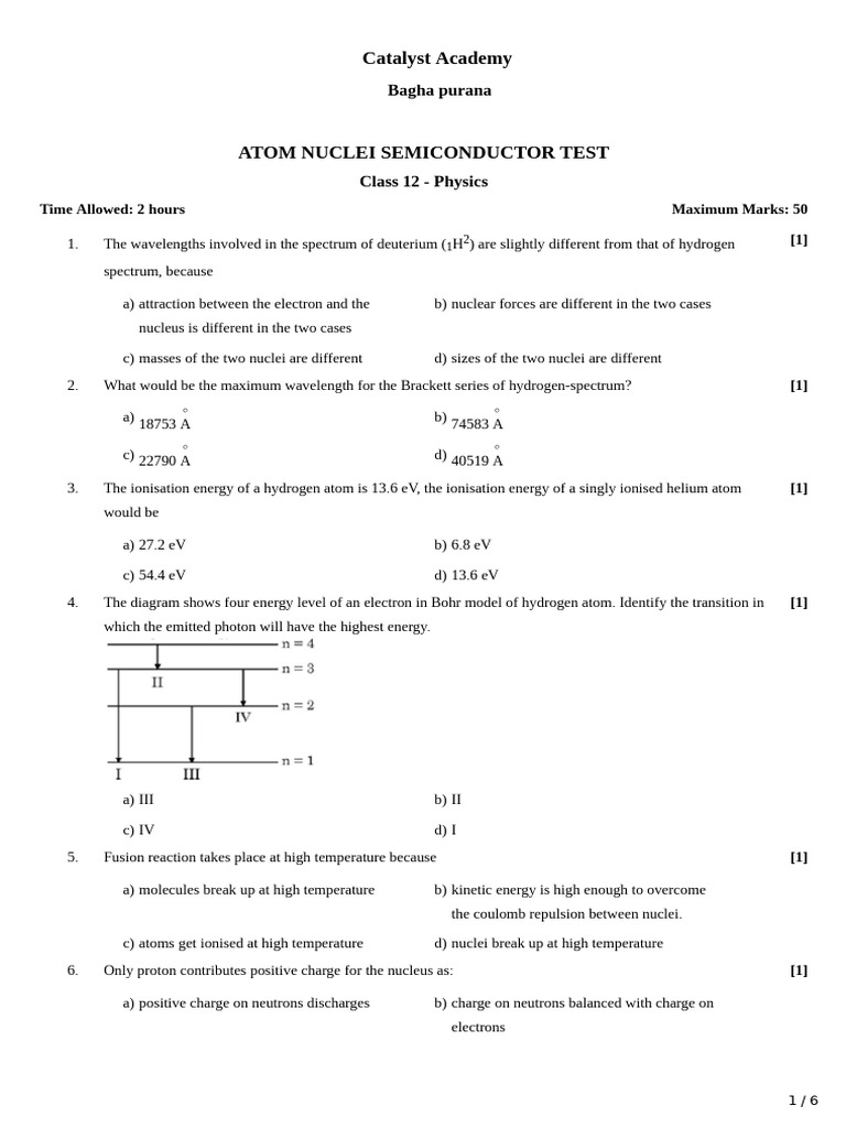 Class 12 Physics: Atom Nuclei & Semiconductors Test | PDF | Atoms ...