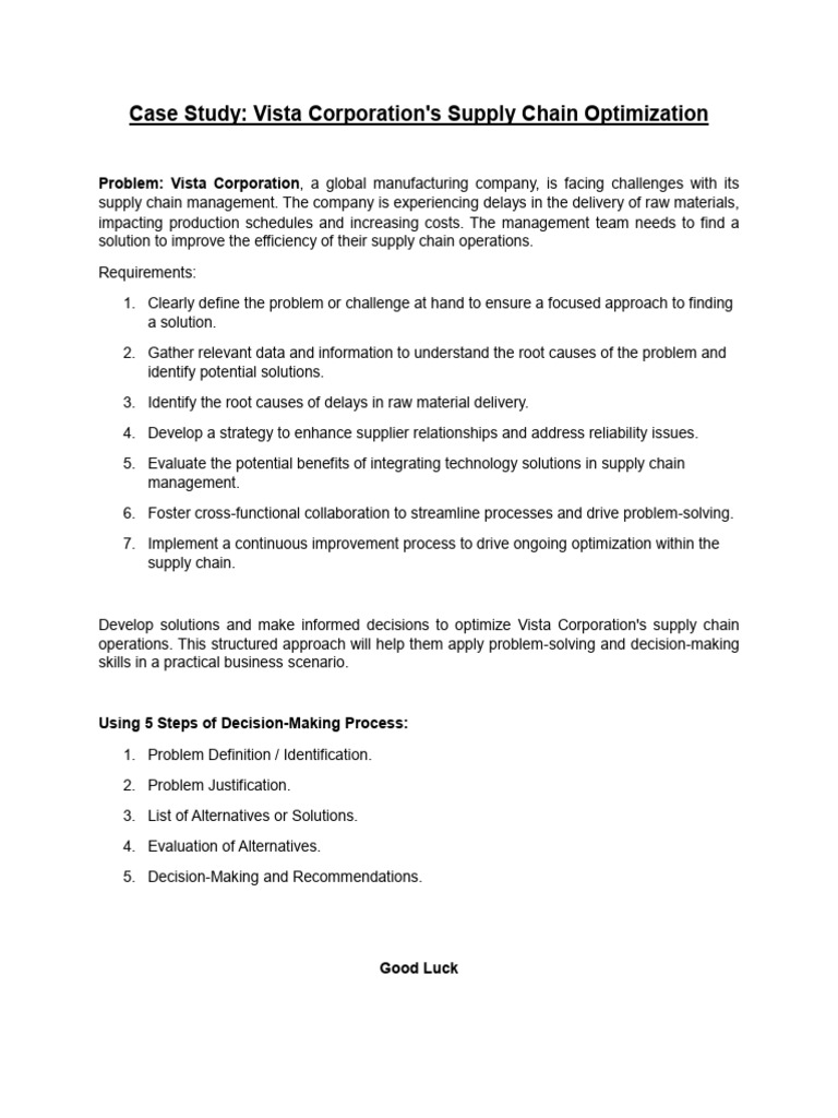 Vista Corp Supply Chain Optimization Case Study | PDF